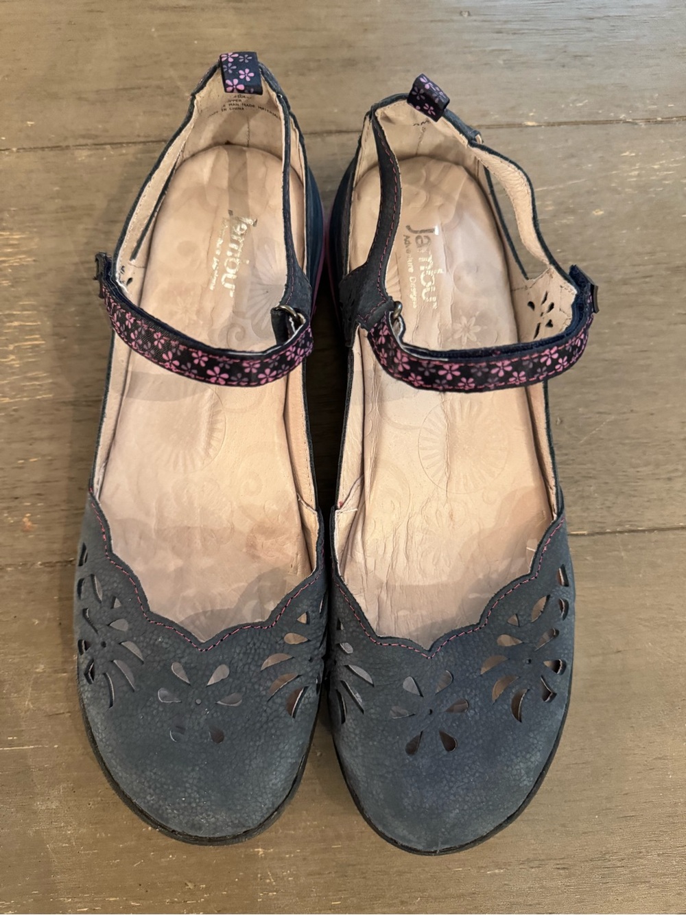 Jambu Navy Mary Jane Flats with Pink Floral Strap